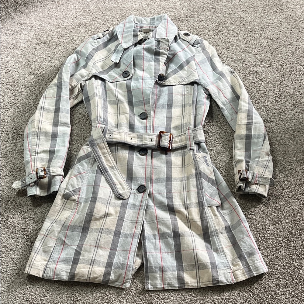 Classic Barbour Pastel Plaid sz4 Cotton Linen Tortoiseshell Hardware Trench EUC - Picture 1 of 16